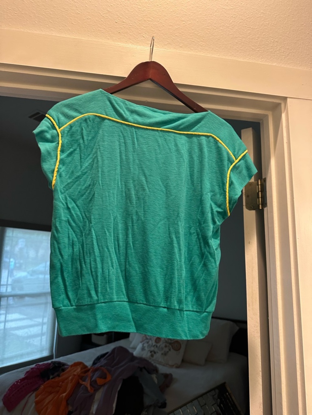 Women’s Teal Short-Sleeve Casual Top with Yellow Piping